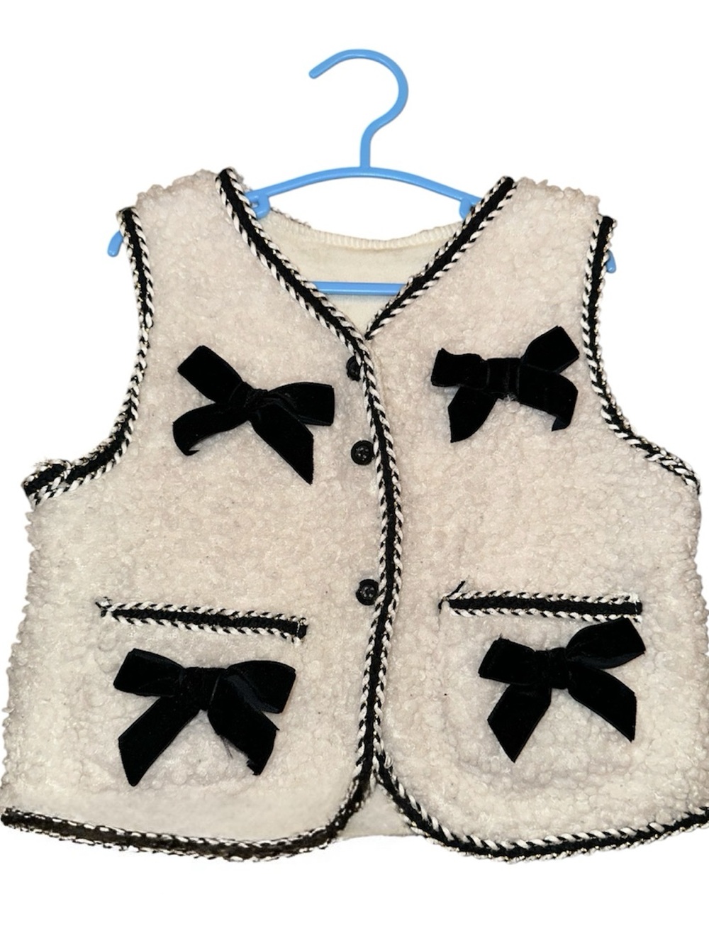 Kids Cream Sherpa Vest with Black Bow Accents